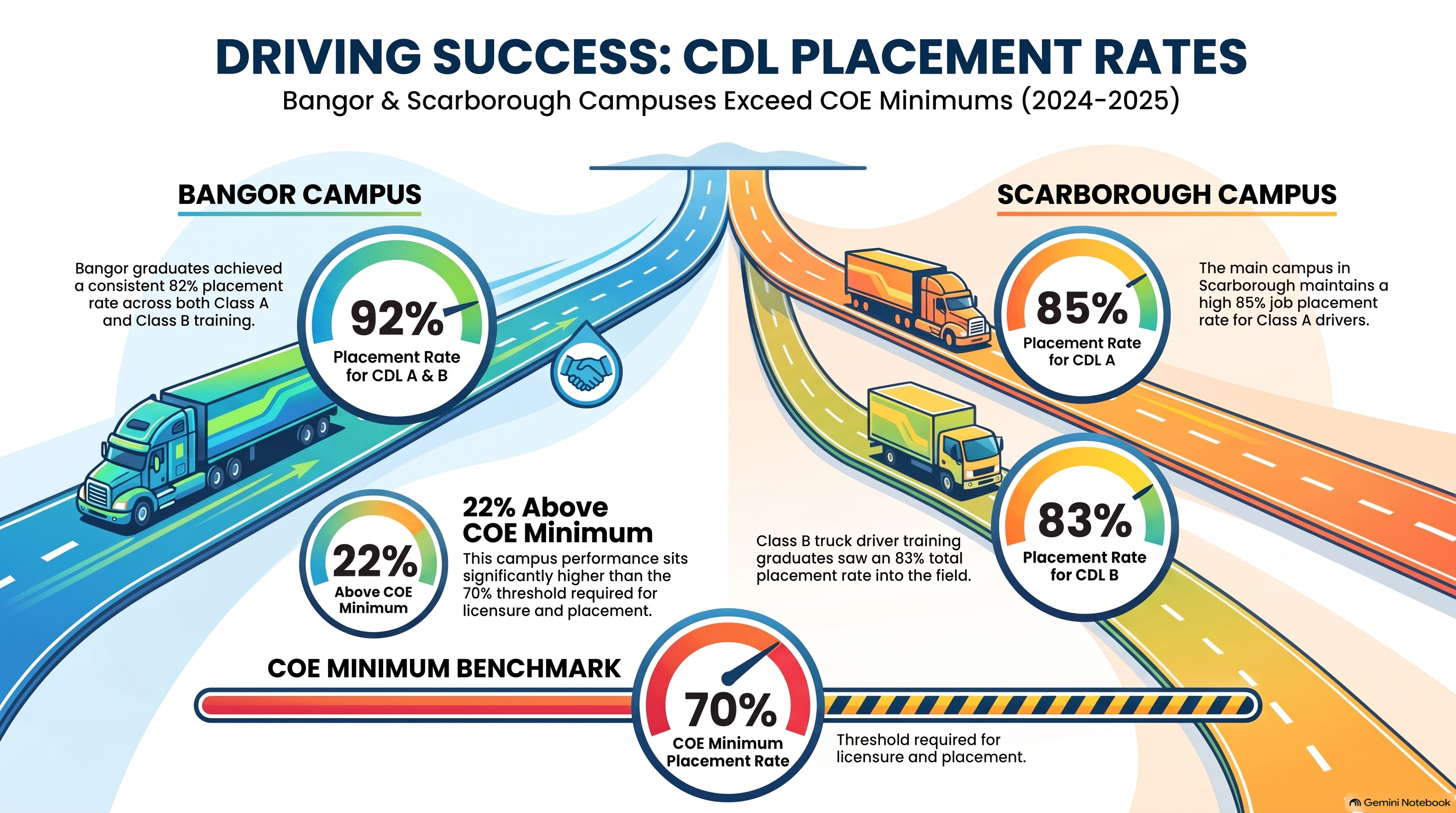 graphic showing NTI's CDL Placement rate of 92% and 85%.